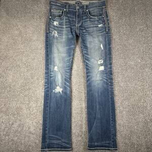 Buckle Black Jeans Men 31x34 (Fit 33x34) Distressed Blue Denim Rope Stitch Boot